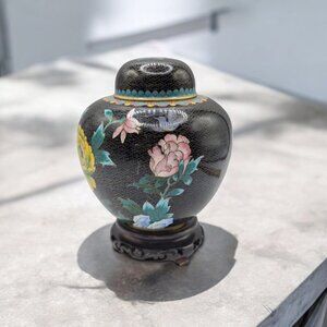 Mid Century Cloisonné Floral Ginger Jar Vase With Lid & Wooden Stand
